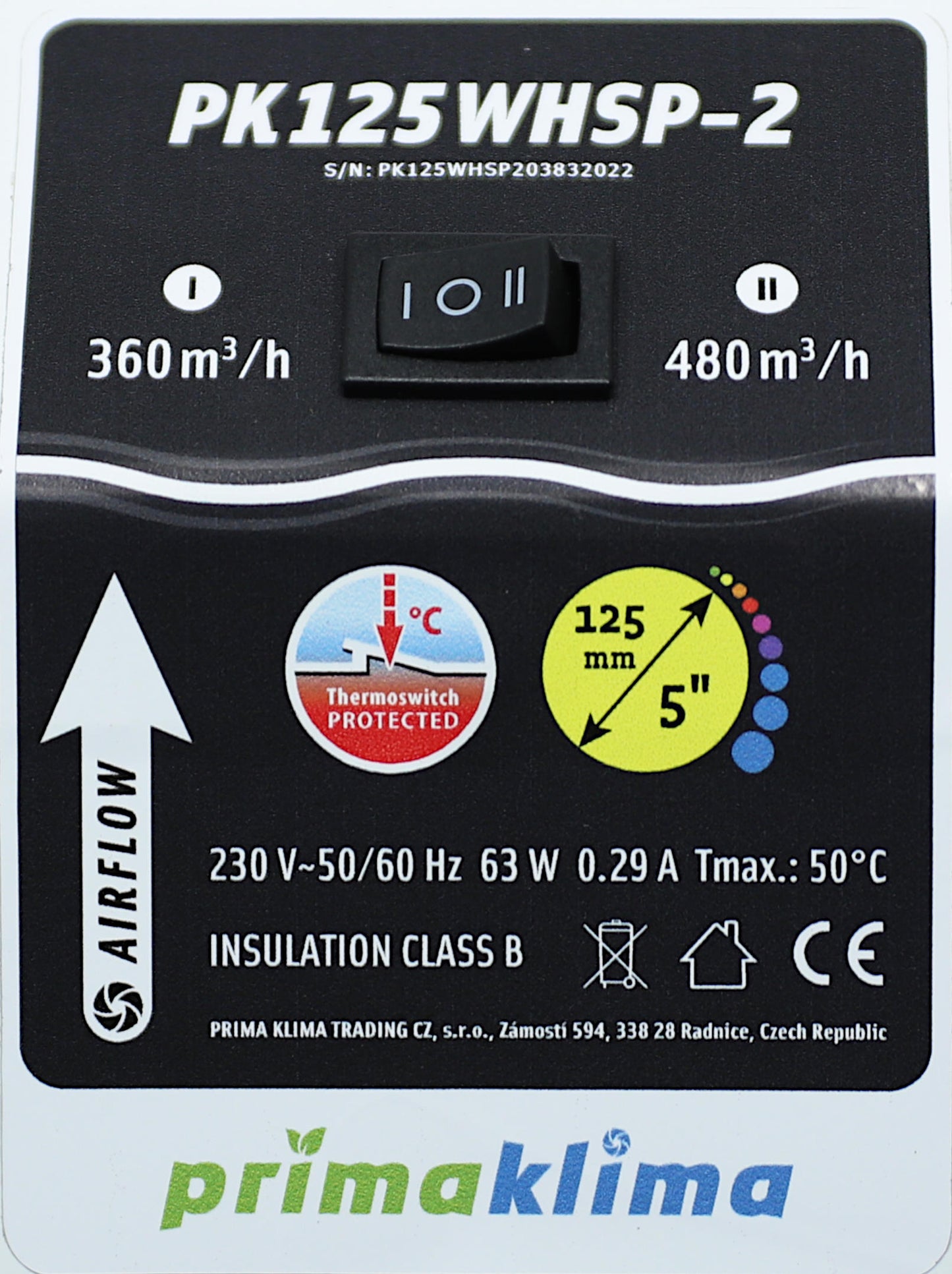Prima Klima PK125WHSP-2 360/460m³h, Ø125 2Speed AC Whisper