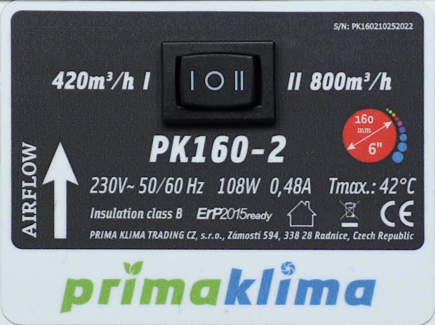 Prima Klima PK160-2 800(420)m³/h, Ø160mm