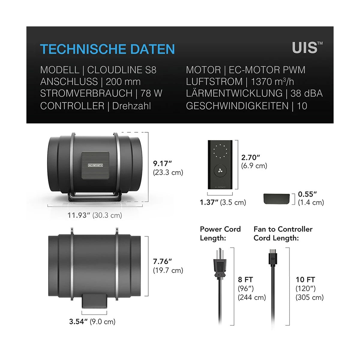 AC Infinity CLOUDLINE Pro S8 200 mm